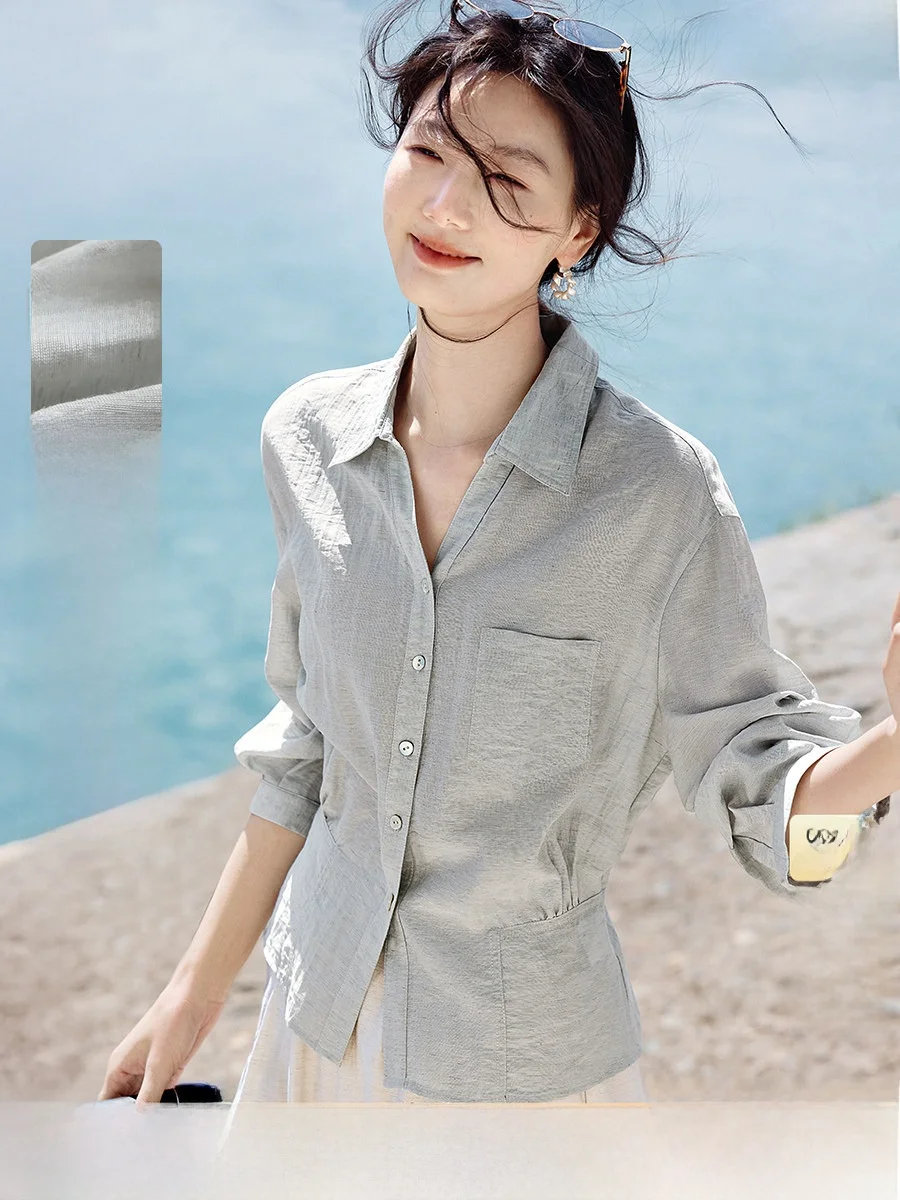 

Slimming V-Neck Commute Shirt Women's Regular Sleeve Shirt Waist-Cinched Summer 2026 XWI Straight Cut Fiber Blend Shirt