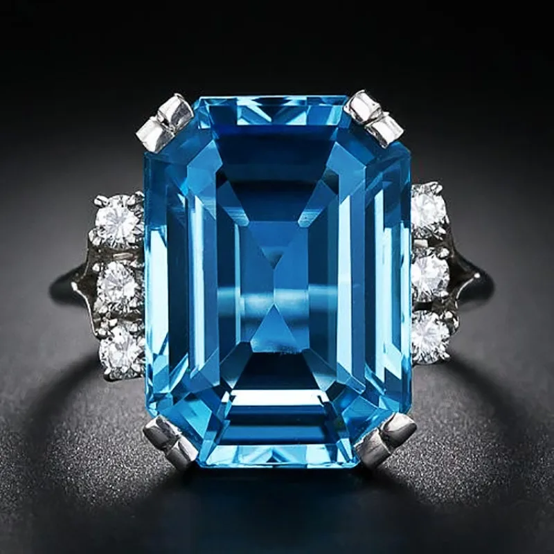 Jianjie Deep Blue Translucent Rectangular Zircon Women's Rings Wedding Party Fashion Ring Girl Gifts Tide