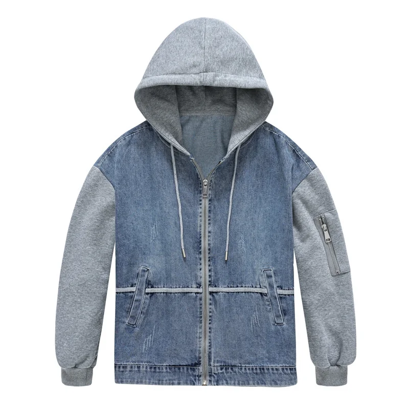 

2023 Hooded Denim Jacket Women Spliced Jean Coat Pocket Loose Overcoat Zipper-up Outwear Female Sweatshirt Baseball Clothes Coat