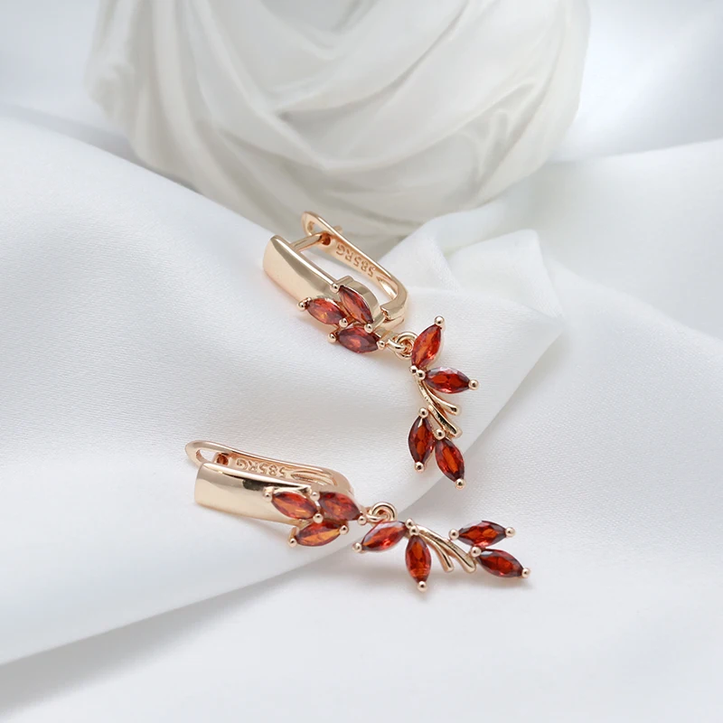 Wbmqda New Red Natural Zircon Drop Earrings Ring For Women 585 Rose Gold Color High Quality Daily Fine Vintage Jewelry Sets