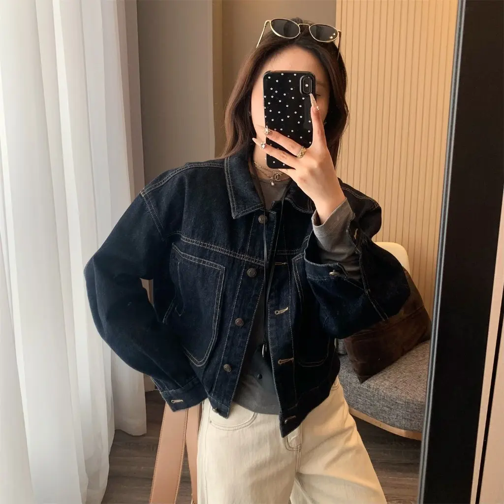 Zedaijai Retro Ming Line Denim Jacket Hong Kong Style Lapel Short Casual Women's Outerwear Spring New 25