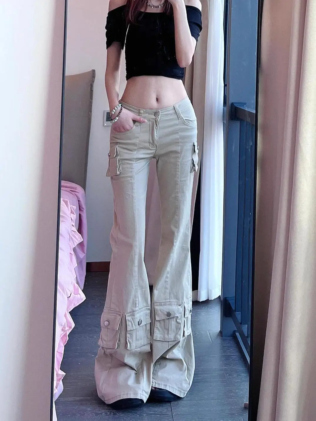 Women 2025 Autumn Vintage Cargo Jeans Y2k Low Rise Flare Pants Bell Bottom Streetwear Mutil Pockets 2000s Harajuku Trousers