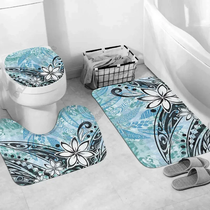 Polynesian Home Set Polynesian Black And White Tribal Bathroom Set 3D printd Bathroom Pedestal Rug Lid Toilet Cover Bath Mat Set