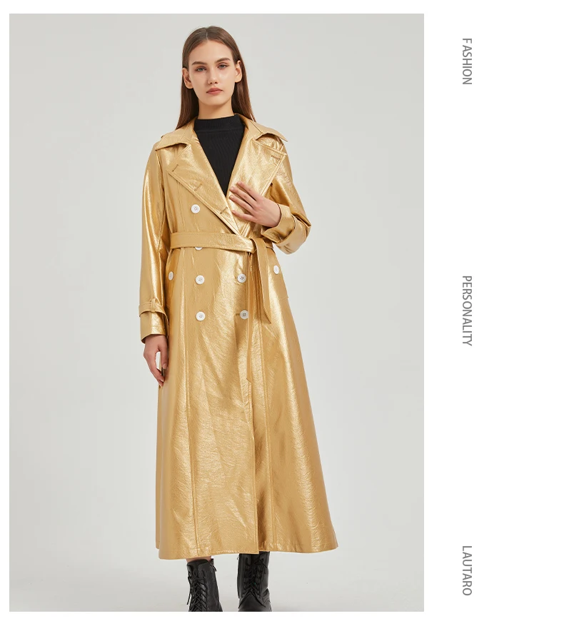 Lautaro Spring Autumn Extra Long Gold Shiny Pu Leather Trench Coat for Women Sashes Double Breasted Luxury Europe Fashion 2024