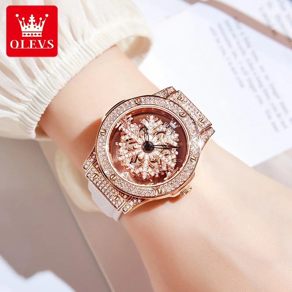 OLEVS 9938, drehbares Zifferblatt, hohles Skelett, Damenuhren, luxuriös, wasserdicht, Diamant-Damen-Armbanduhr, Trend-Quarzuhr für Damen