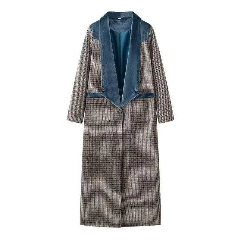 

COROF Plaid Woolen Coat for Women 2024 Female Turndown Collar Long Trench Outerwear Lady Long Sleeve with Pockets Windbreaker