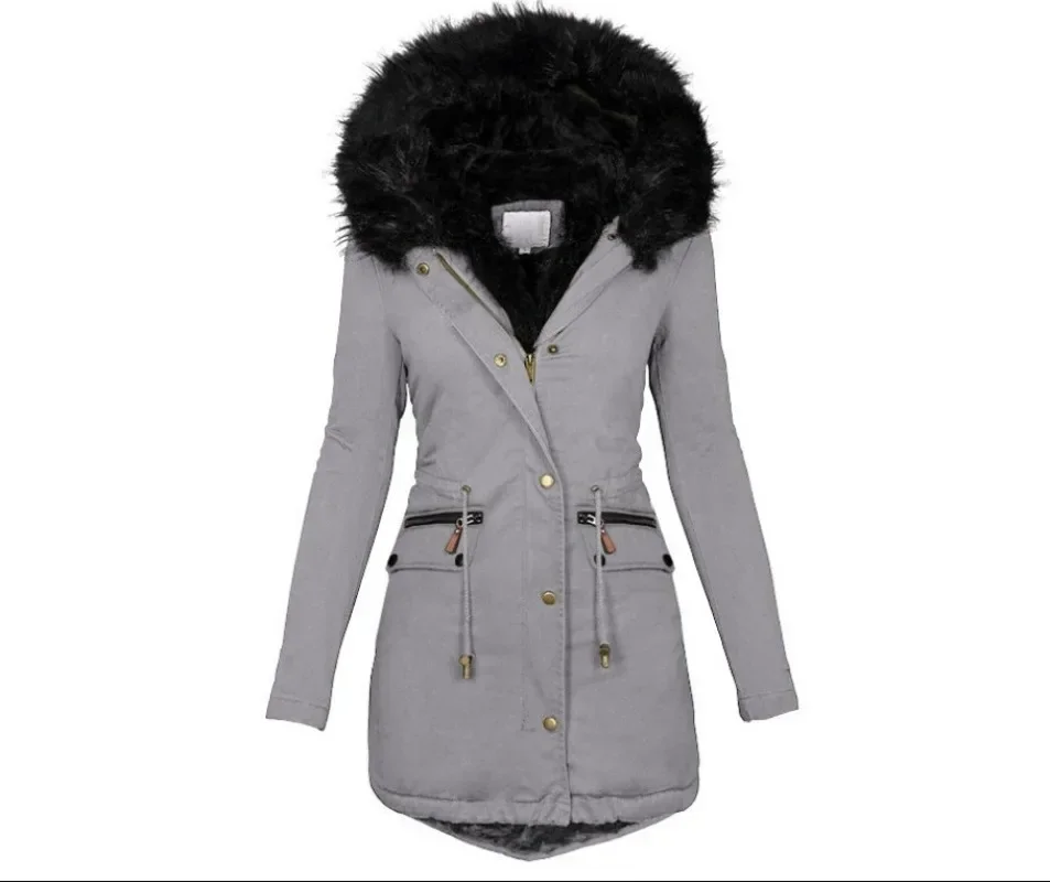 Womens Parkas  Autumn and Winter Solid Color Fur Collar Hooded Mid Length Warm Cotton Jacket for Women