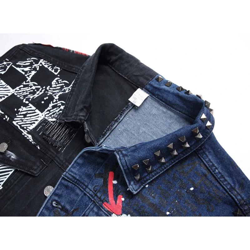 Y2K Street Graffiti Men\'s Denim Jacket High-end Fashion Personalized Spray Paint Printed Jacket Black Casual Loose Denim Top