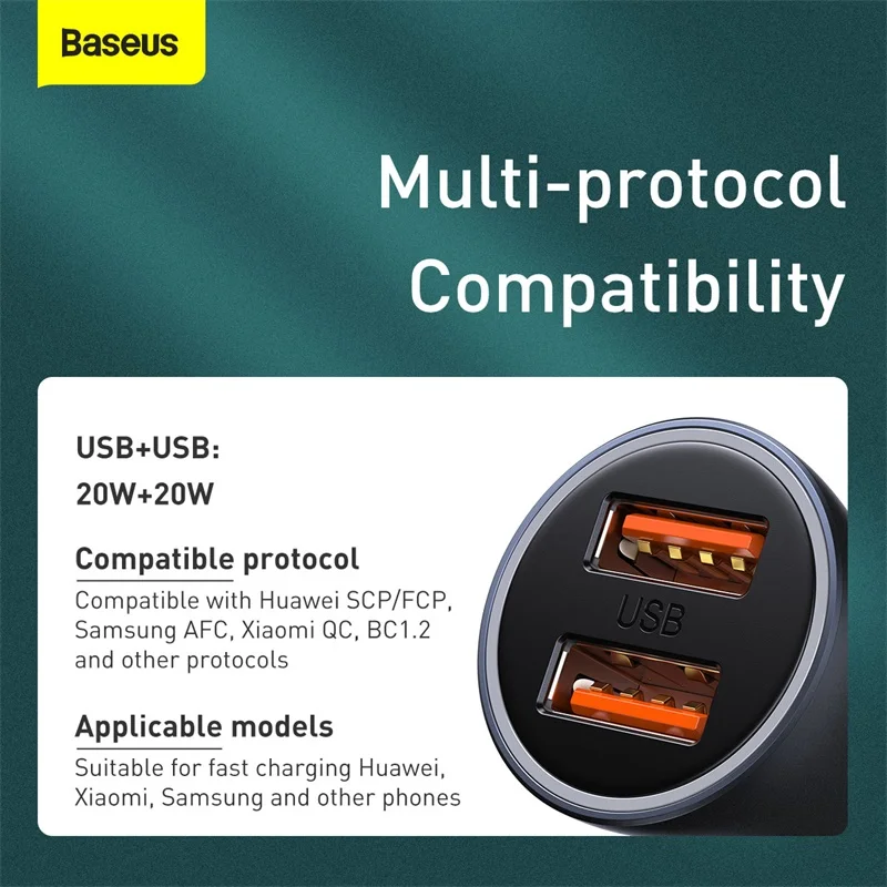 Baseus Golden Contactor Pro Dual Quick Charger Car Charger U+U 40W U+C With Cable