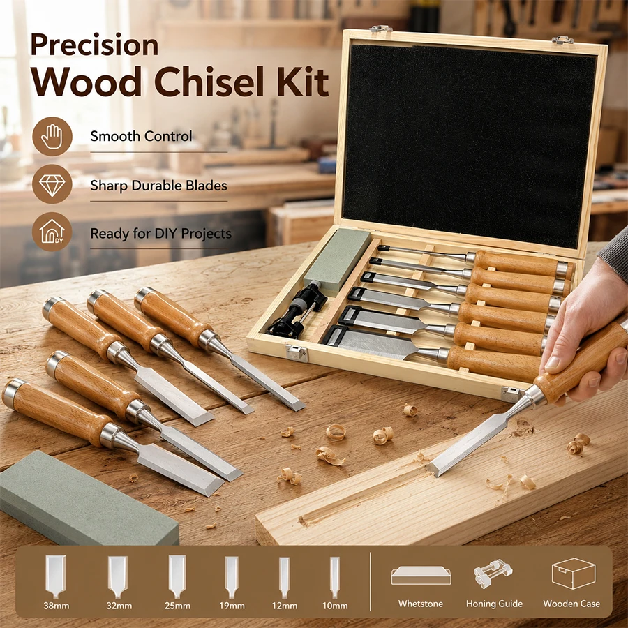 8Pcs Wood Chisel Tool Set Woodworking Carving Chisels With Sharpening Stone And Wooden Case