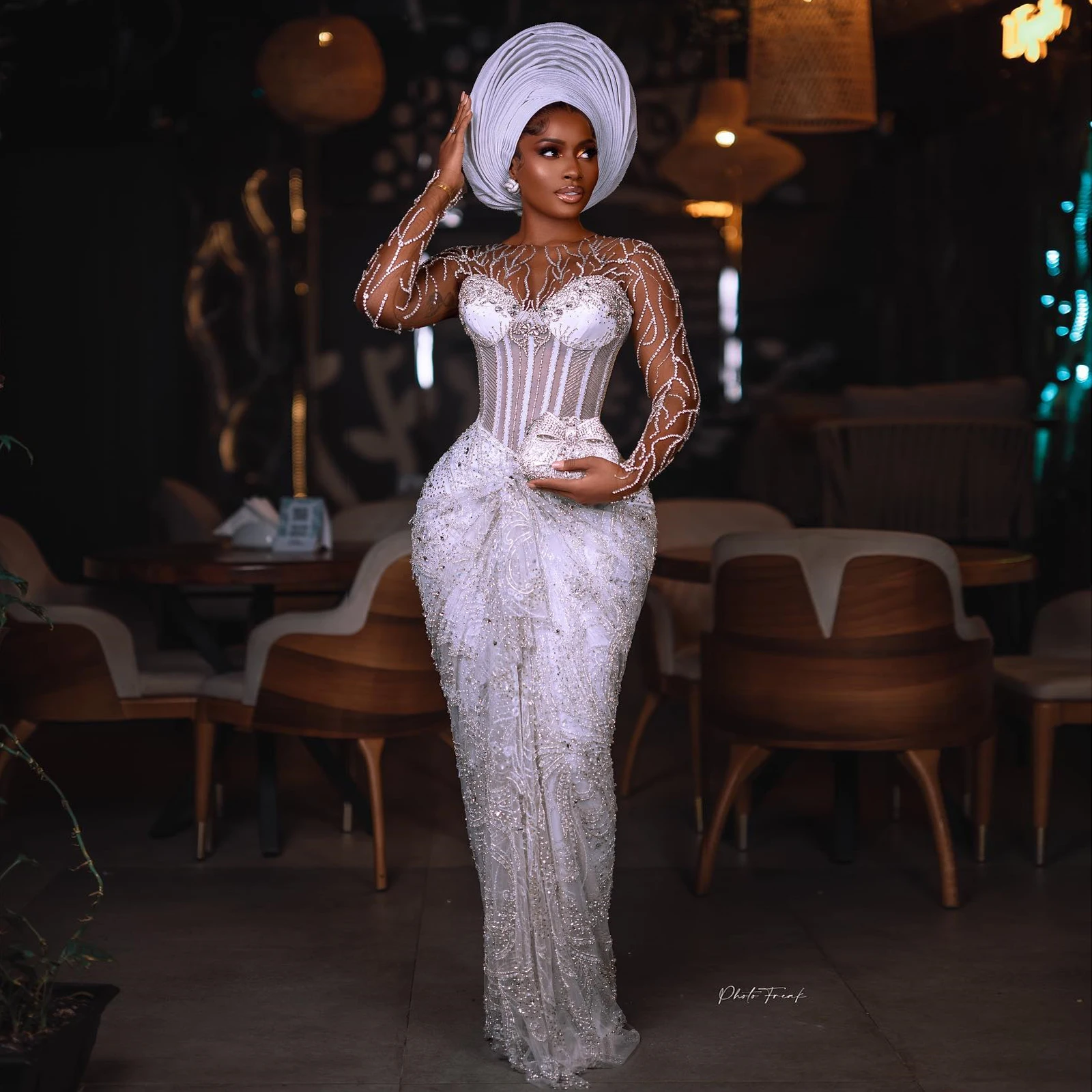 Nigerian White Beaded Lace Prom Dresses 2024 Long Ruffled Corset African Formal Dress Shiny Asoebi Wedding Reception Party Dress