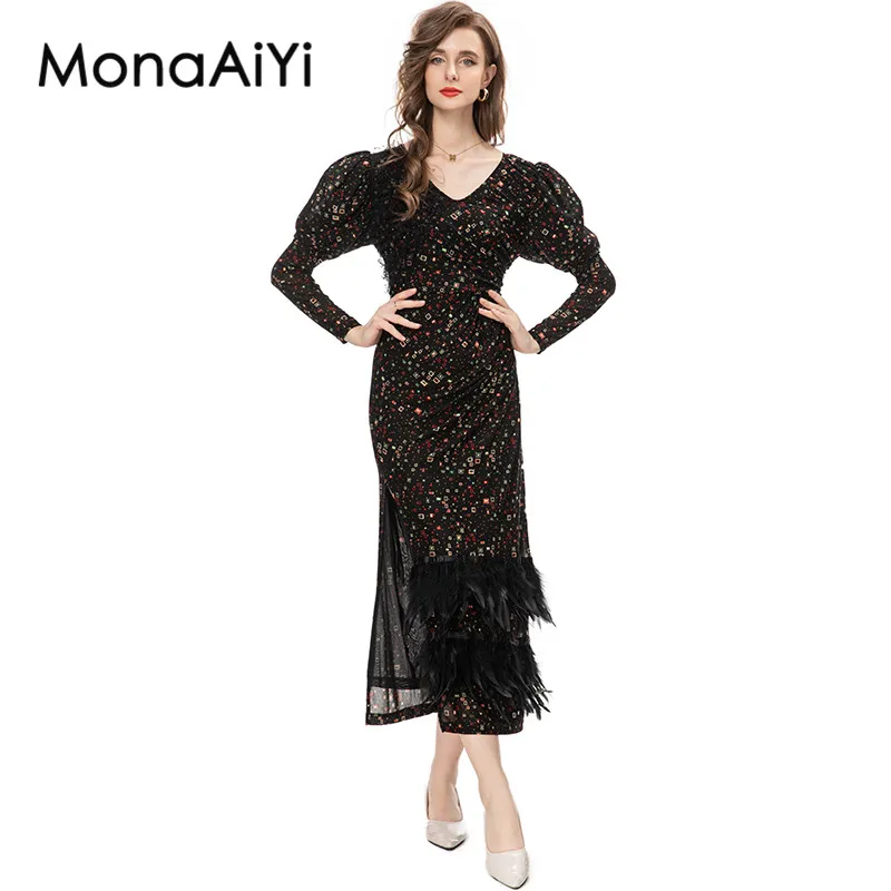 

MonaAiYi High Street Runway Fashion Designer Dress Women's V-Neck Puff Sleeves Rectangular Printed Feather Slim Split Dresses