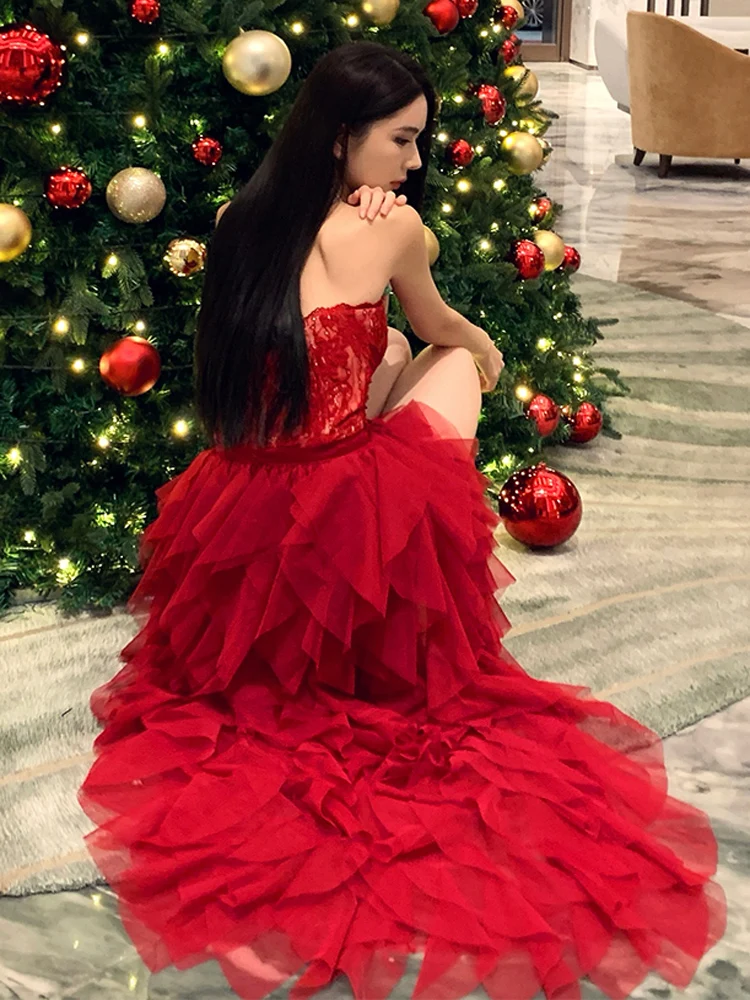 Frauen Elegante Schichten Rüschen Unregelmäßige Mesh Lange Kleider Mode Sexy Liebsten Bodycon Abend Party Kleid Weibliche Vestidos