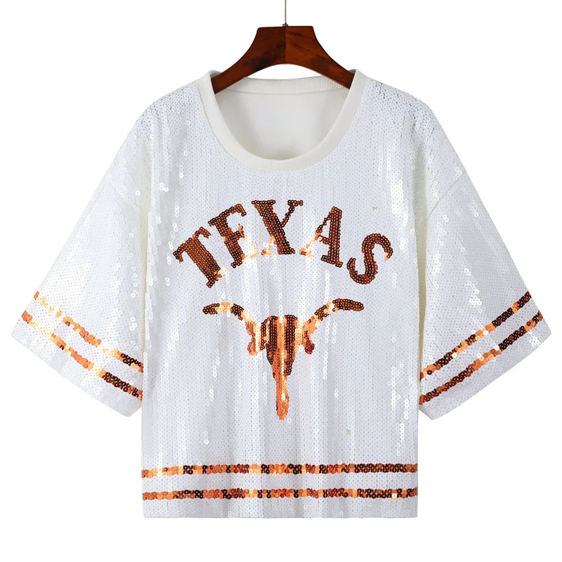 

Summer New Patchwork Letter Cartoon Round Neck Sequin High Quality Short Sleeve Streetwear Women's Loose Hip Hop Fashion T-Shirt
