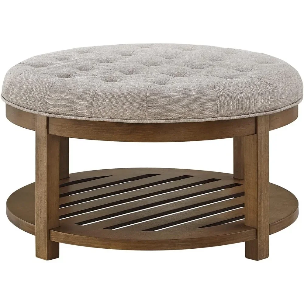 

LLarge Round Upholstered Coffee Table, Large Footres With Wood Shelf Storage-Iinen