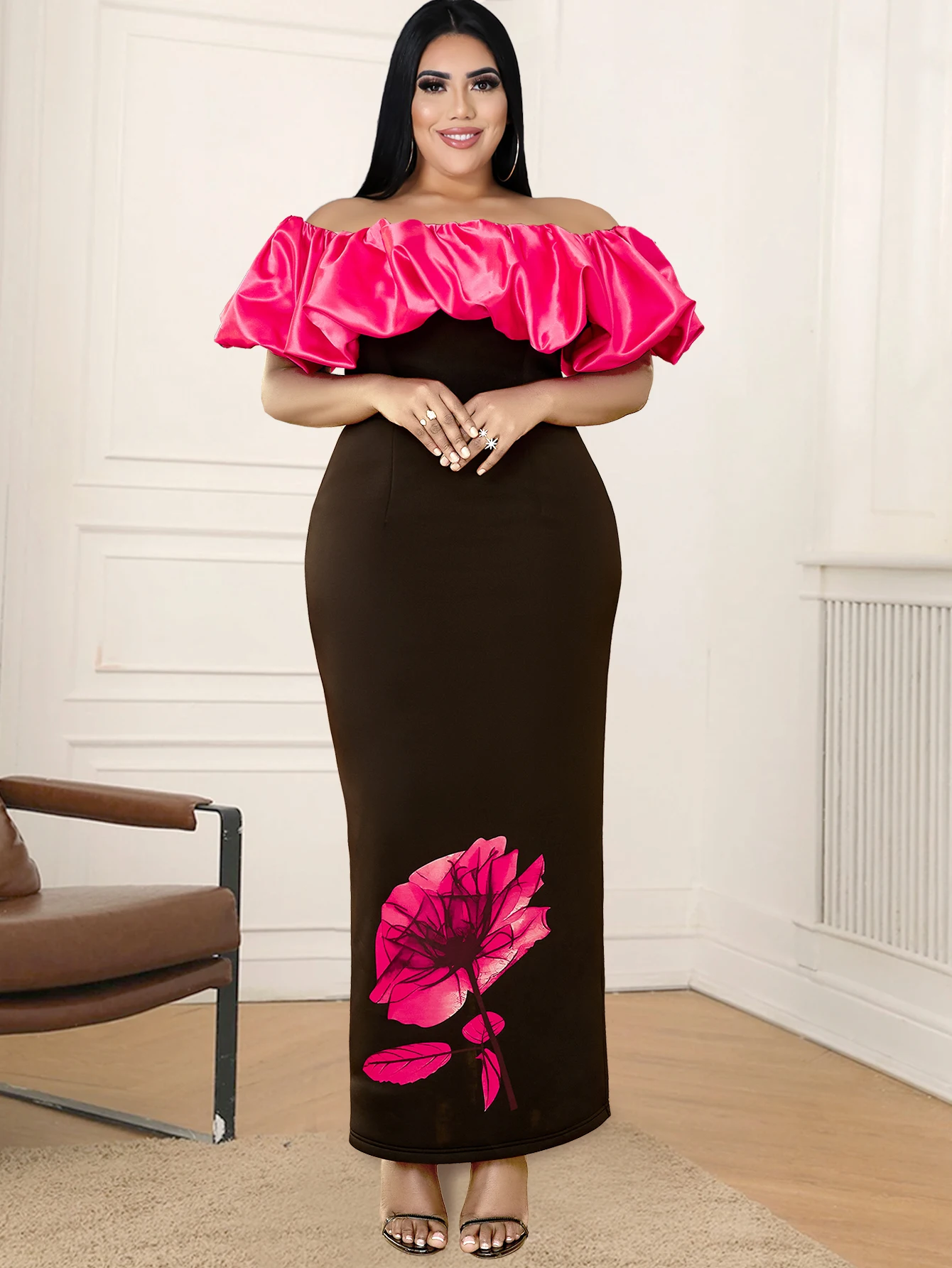 

ONTINVA Off Shoulder Dresses for Women Rose Red Plus Size 3XL 4XL Empire Bodycon Printed Evening Cocktail Event Party Outfits