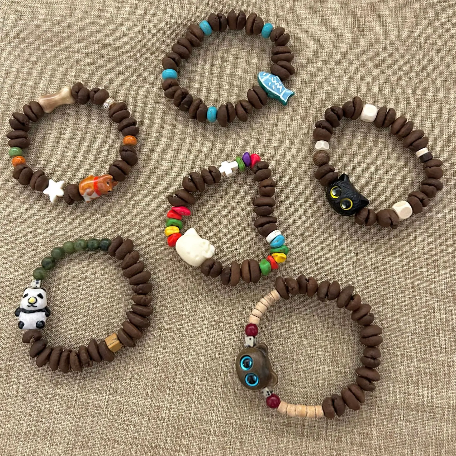 Dopamine cartoon cute style bracelet ceramic natural stone ivory fruit wood pearl turquoise splicing coffee bean bracelet female