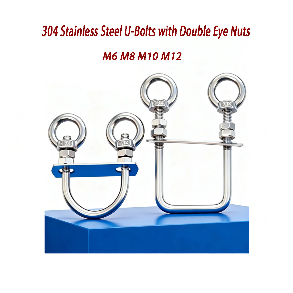 304 Stainless Steel U-Bolts with Double Eye Nuts - Square Clamps for Railing Fixing & Hanging M6M8M10M12