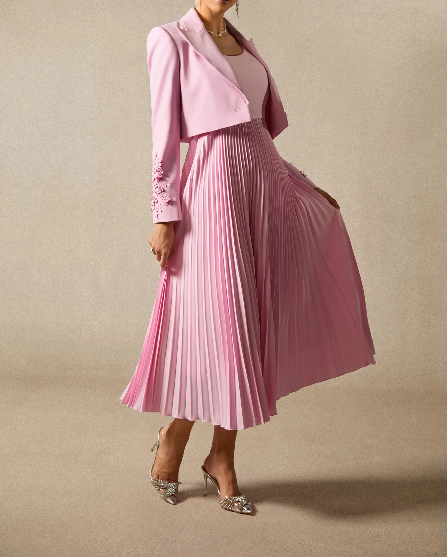 Women's Formal Dresses Suit Gowns Elegant Appliques Peaked Lapel Jacket Coat And Dress For Female Satin 2 Pieces Suit Customized