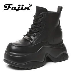 Fujin 8cm skóra syntetyczna z mikrofibry platforma klinowe kolana wysokie modne jesienne buty brytyjskie ZIP buty damskie kostki buty wiosenne