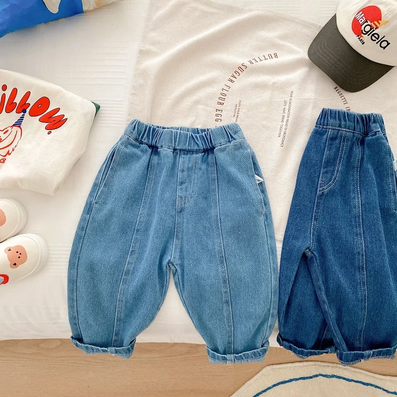 

Children Jeans 1-7Years Toddler Boy Girl Soft Denim Long Pants Elastic Waist Solid Color Harem Pant Trouser Autumn Clothes