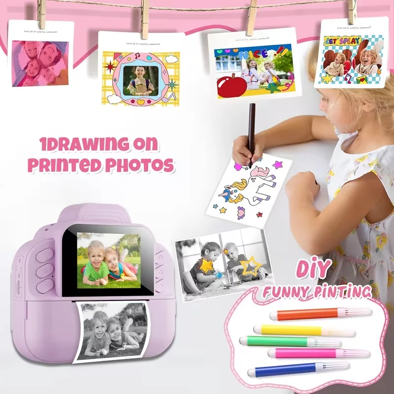Câmera instantânea infantil, com 3 rolos de papel fotográfico, impressora de fotos de alta definição de 2,4 polegadas, vídeo 1080P, leitor de MP3, g