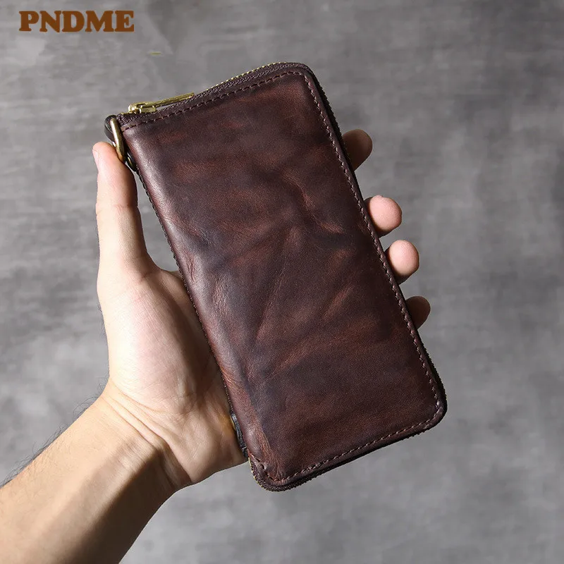 

PNDME Fashion Retro Genuine Leather Multifunctional Men's Long Clutch Wallet Simple Natural Real Cowhide Ladies Phone Coin Purse