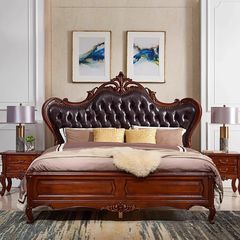 *&American Genuine Leather Double Bed  Simple and Luxurious European Solid Wood Bed Head Soft Package  Box Storage Wedding Bed