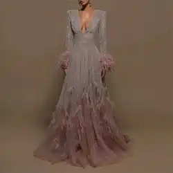 Exquiaite Sweetheart Feathers Evening Dress Long Sleeve Illusion Chapel Train Prom Dresses Special Occasion Elegant Women Gowns