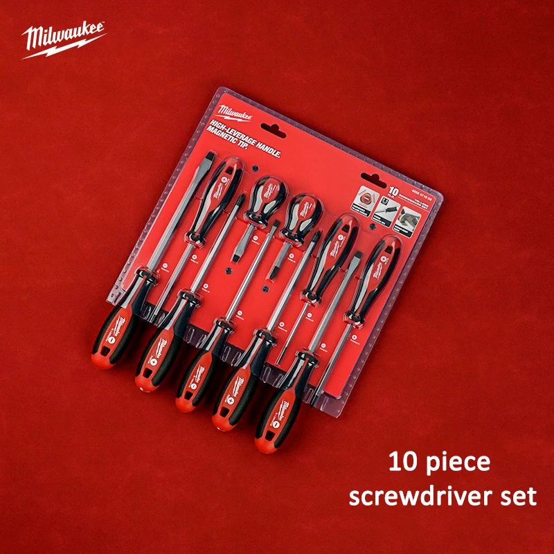 Milwaukee 10 piece three touch adhesive handle screwdriver set, multi-purpose cross/slotted screwdriver manual tool 4932471808