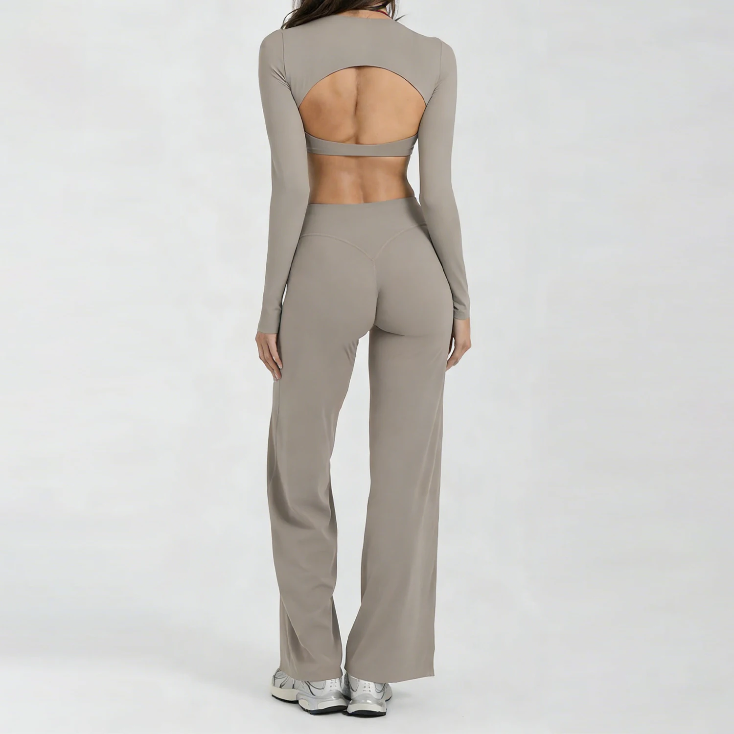 Running Sportswear Women 2 Piece Set Short Cropped Long Sleeve Top Straight Leg Yoga Pants Breathable Quick Dry Gym Suit
