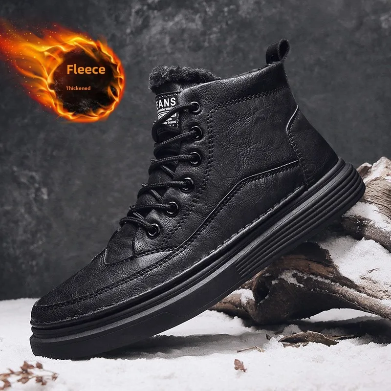 

Fashion Leather Warm Men's Boots Winter Black Thicken Plush Snow Boots Anti Slip Wear-resistant Tooling Shoes Motorcycle Boots