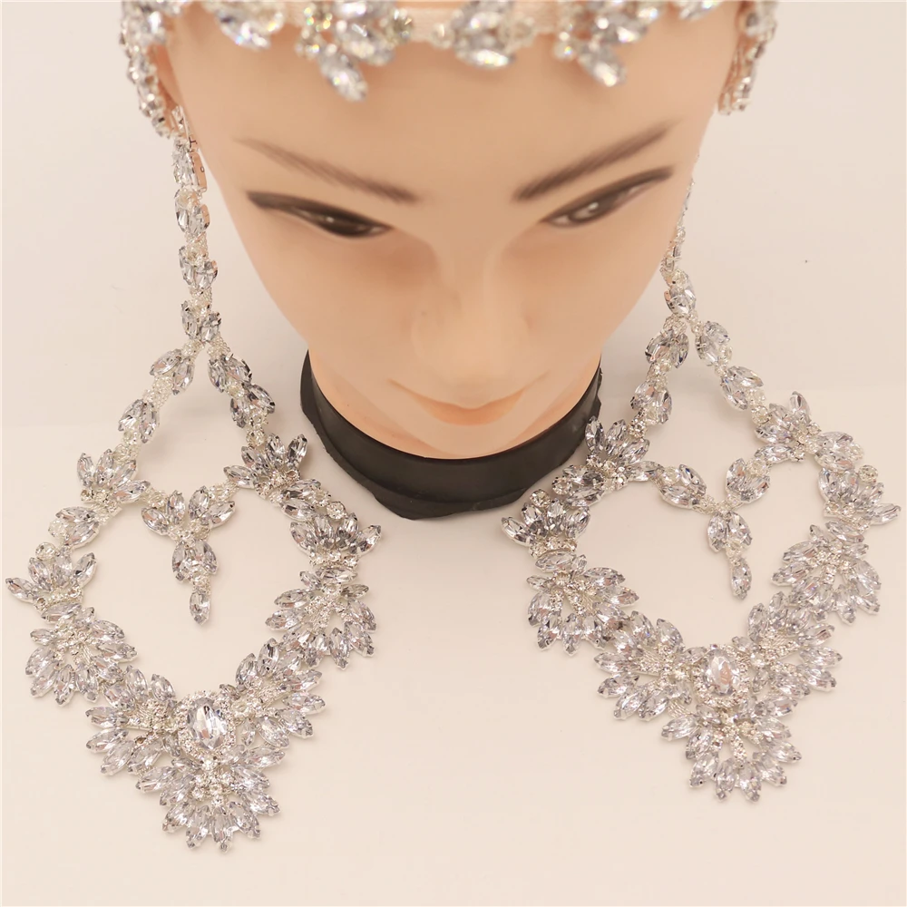 High-Quality New Rhinestone Long Flower-shaped Headdress Hair Band Pendant Long Earrings Bridal Wedding Luxury Head Accessories