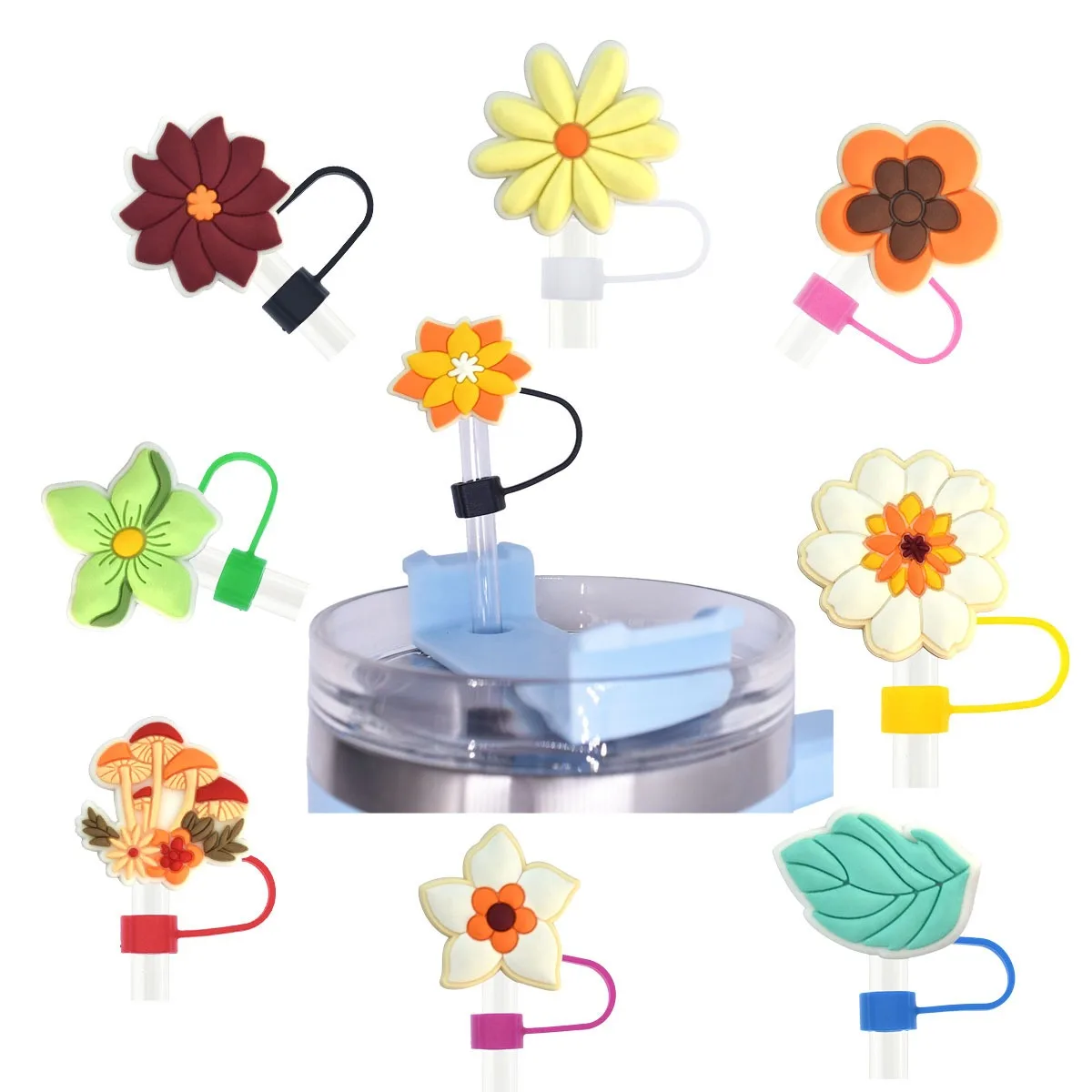 Cute Flower Straw Covers For Stanley Tumbler Cups Kawaii Silicone Straw Toppers Dust-Proof Protector Cap For 10mm Straws