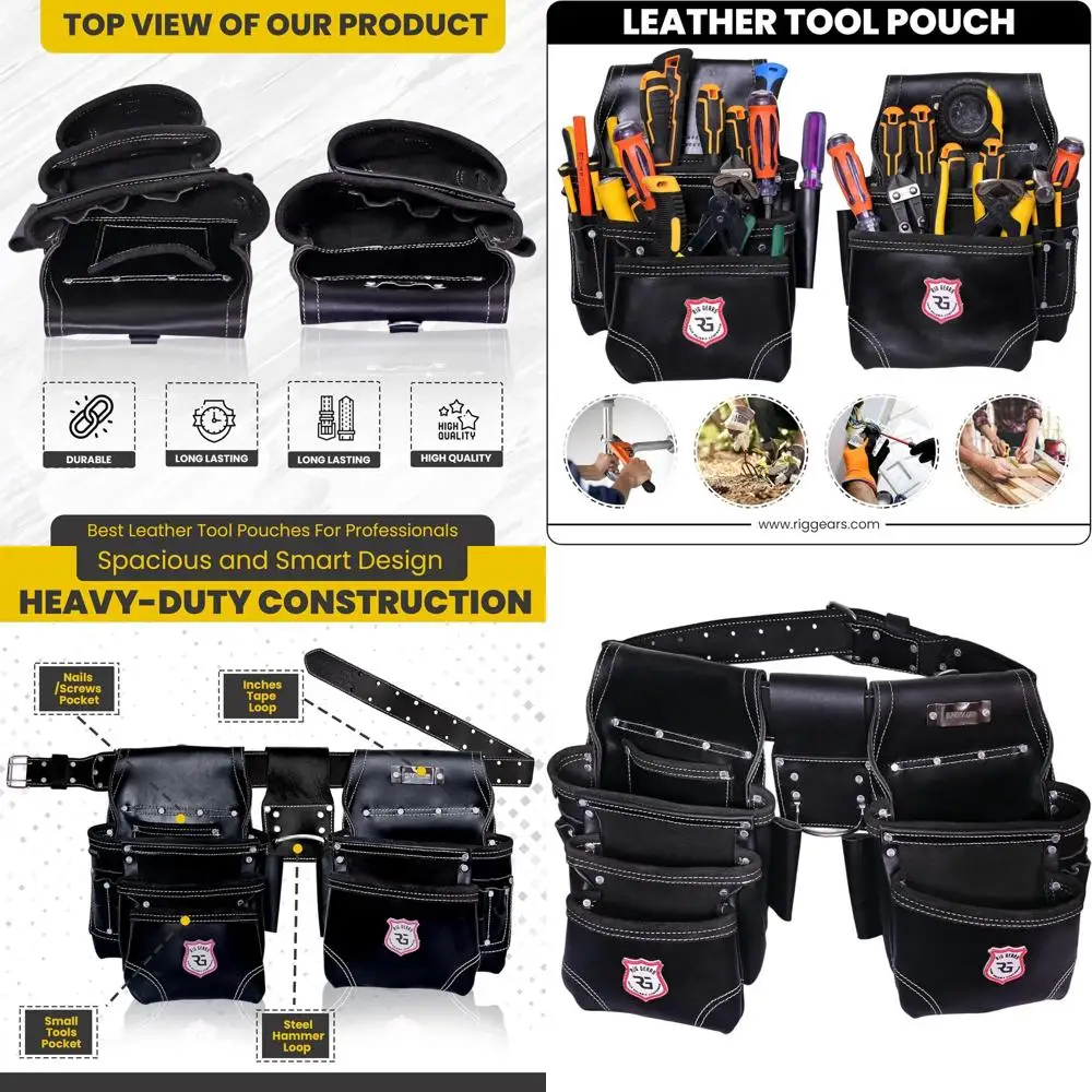 

Набор из 11-секционной кожаной сумки для инструментов повышенной прочности для плотников, электриков и профессионалов по гипсокартону - черный, стандартный