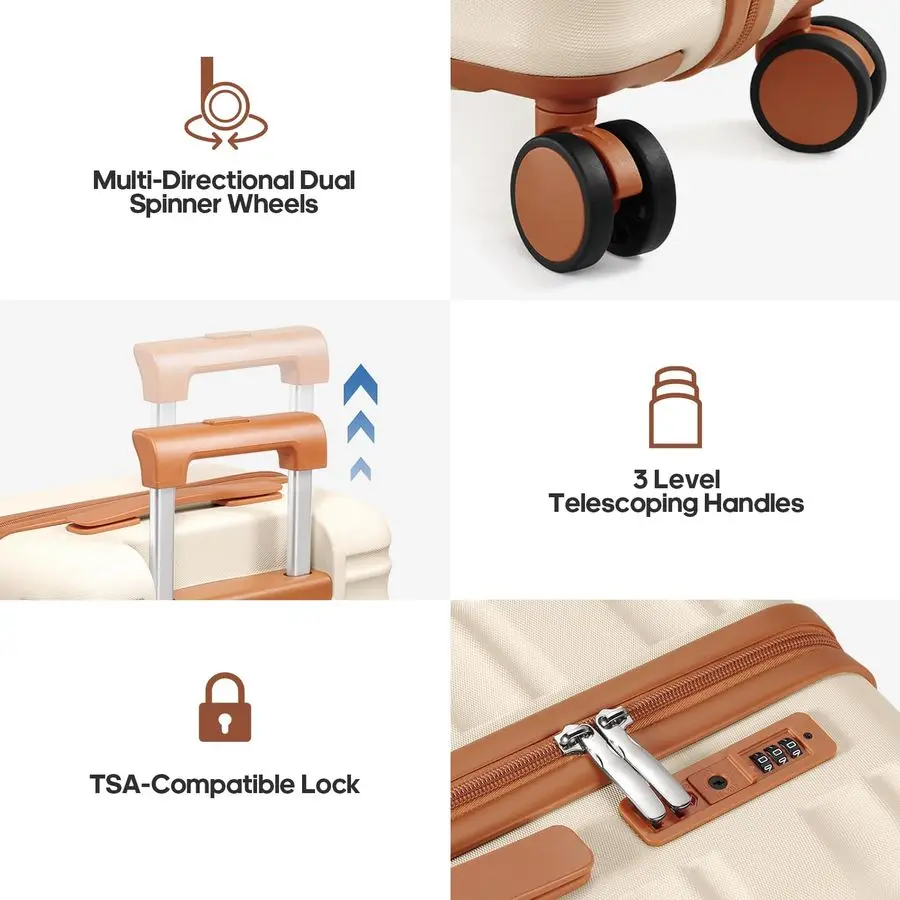 ピースラゲージセット 20インチ 機内持ち込みスーツケース スピナーホイール付き、PCハードシェル TSAロック、拡張可能＆完全裏地付きインテリア、AI
