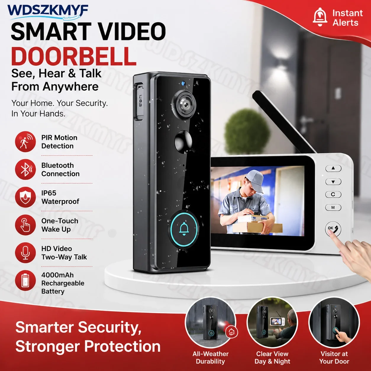 New Waterproof Wireless Doorbell Camera 4.3 Inch Digital Door Viewer Doorbell 170° IPS Screen Monitor Home Security PIR Sensor