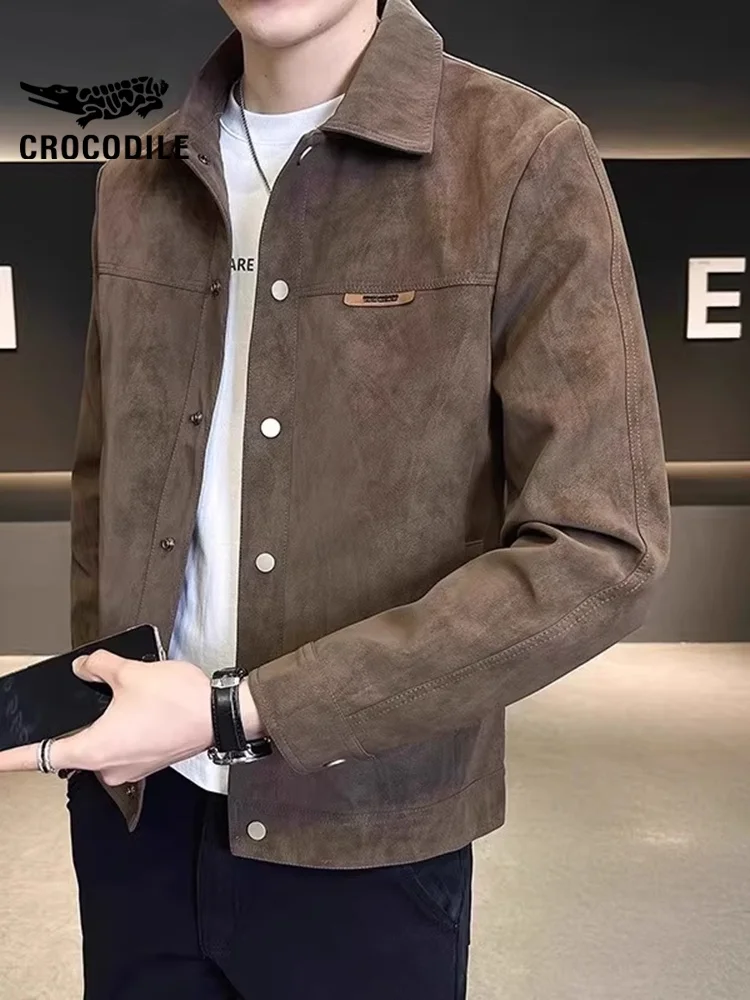 

Crocodile Men's Suede Jaet Spring Autumn Flip Collar Trendy Haome High-End Feeling Button Decorated Casual Sle Outerwear