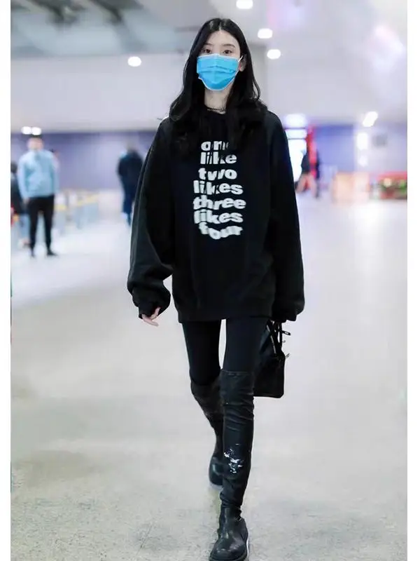 

Women's Hoodie Sweatshirt Thickened Fleece Letter Print Oversized Street Style Long Sleeve Autumn Winter Black Casual Top