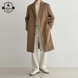 Cappotto di lana Casual britannico da uomo Streetwear moda sciolto solido monopetto giacca a vento maschile delicato cappotto coreano autunno