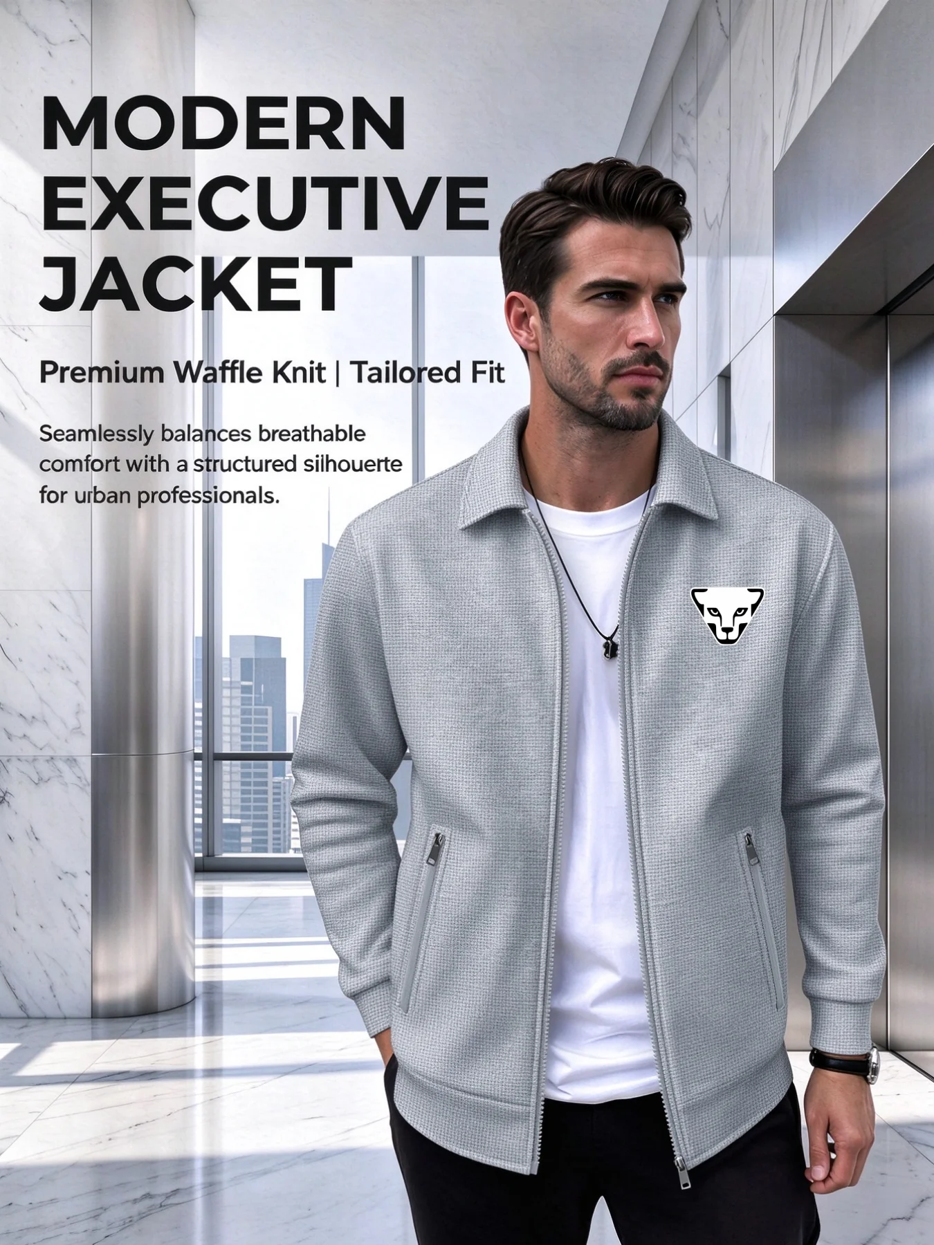 2026 New Men Waffle Texture Collared Jacket Print Leopard Head Badge Logo Full Zip Smart CasualOfficeOuterwearLongsleeveMaleCoat