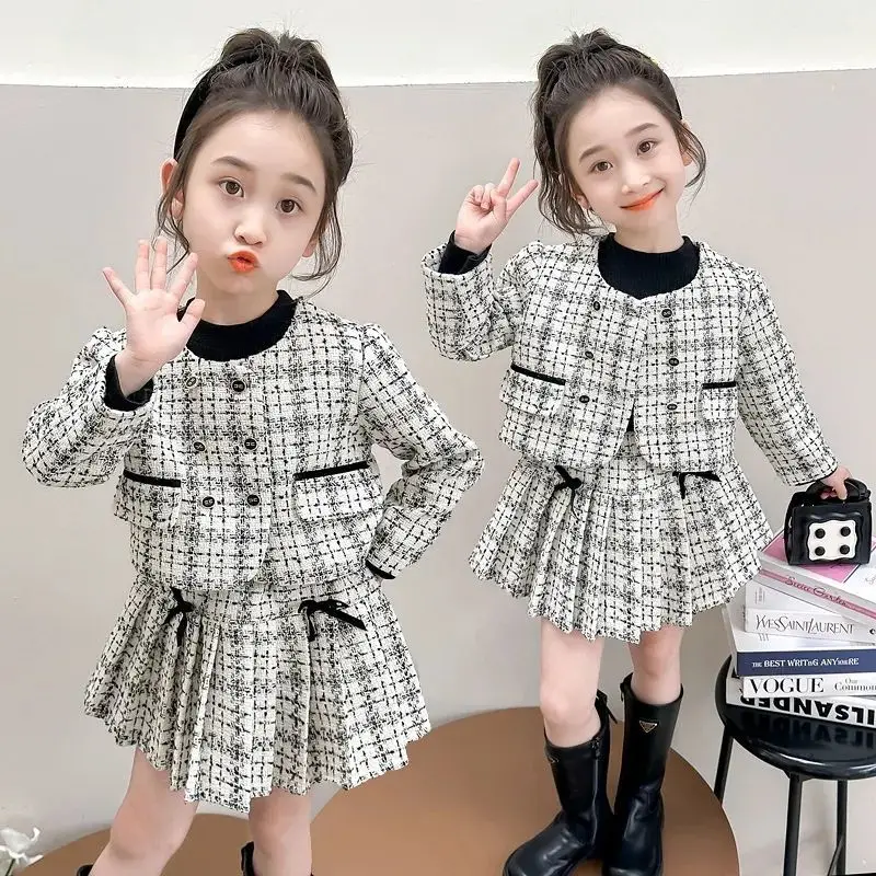 

Комплект с юбкой Sweet Little Fragrant для девочек, детское весенне-осеннее новое пальто для маленьких девочек + плиссированная юбка, комплект из двух предметов принцессы