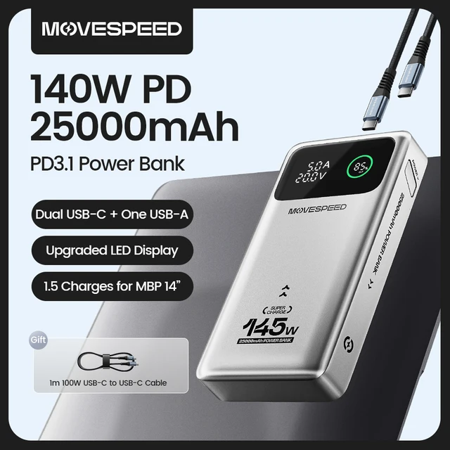 MOVESPEED M25Pro 140W Power Bank 25000mAh PD3.1 Szybkie Ładowanie Przenośny Zewnętrzny Akumulator 100W Powerbank do MacBooka Notebooka Laptopa
