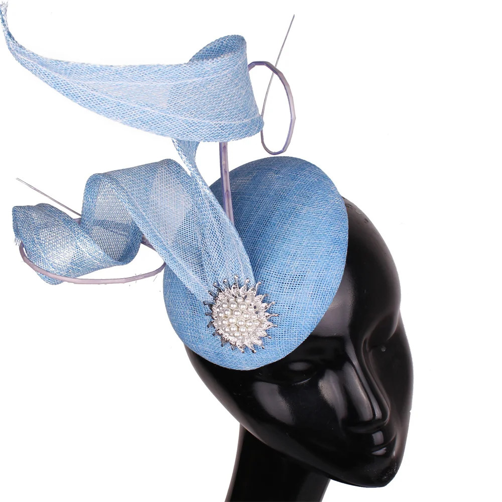 Women Spring Light Blue Fascinator Cocktail Hat Hairbands Mesh Headpiece Imitation Sinamay Millinery Ladies Elegant Accessory