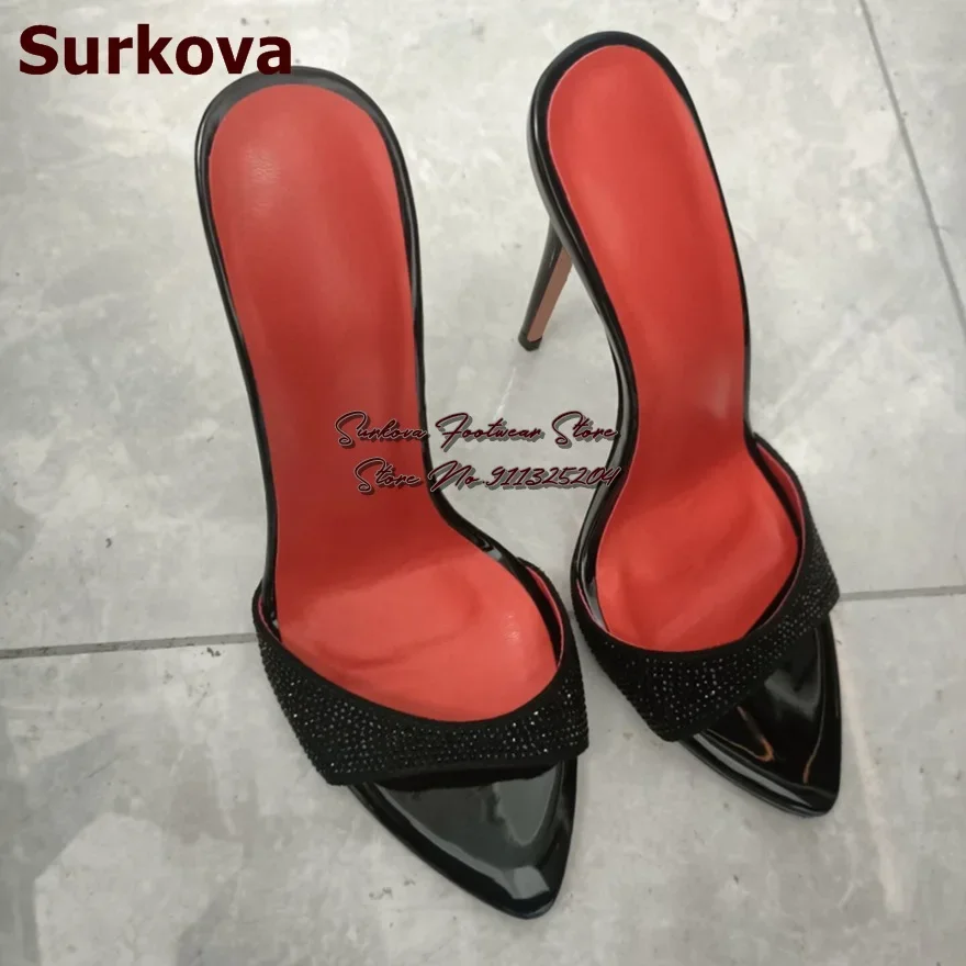 Surkova Black Crystal Bling Bling Slip-On Modern Slippers Stiletto Heel Pointed Toe Shallow Sandals Patchwork Rhinestone Mules