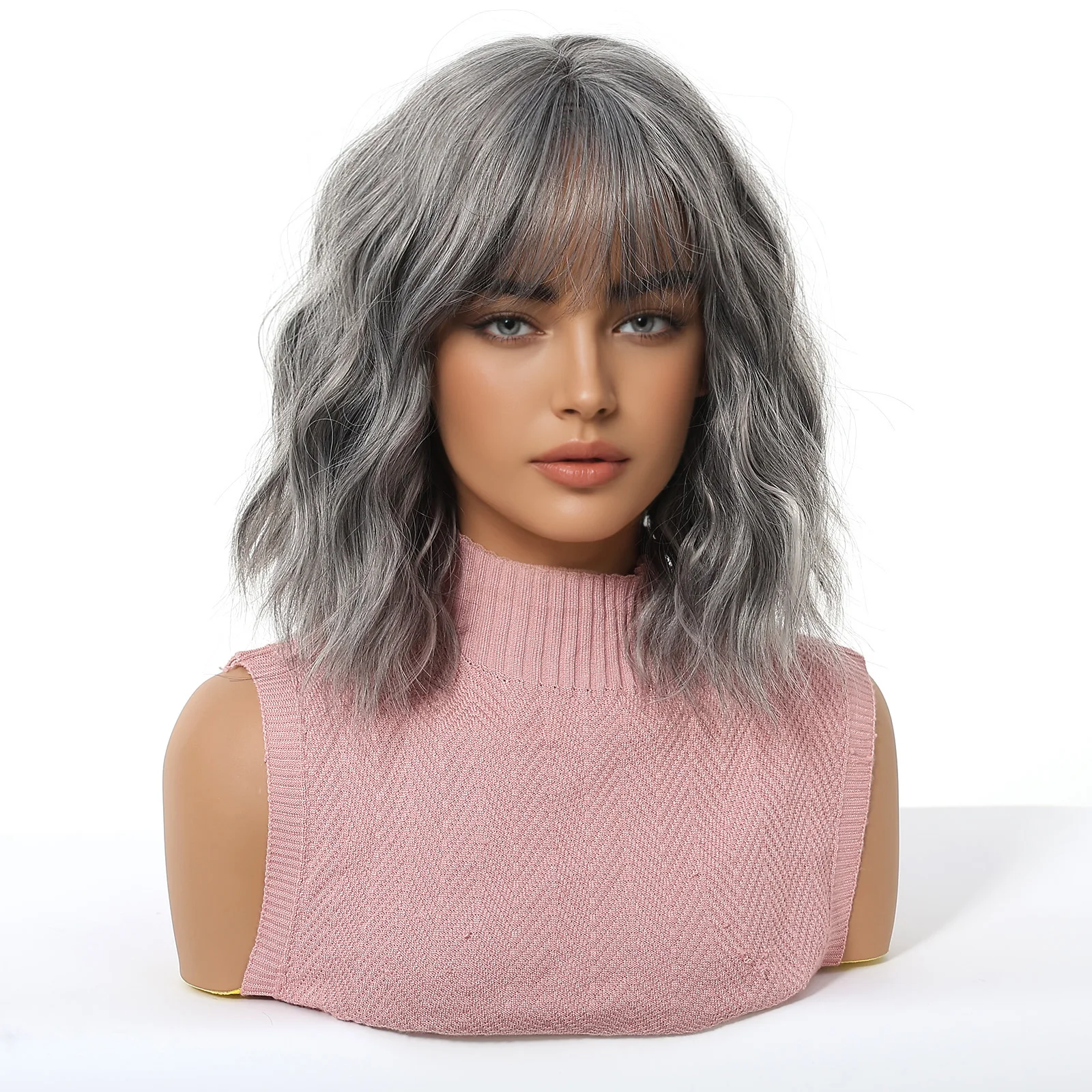 Short Silver Gray Curly Wavy Synthetic Wigs with Bangs for Women Grey Bob Cosplay Party Lolita Natural Hair Wig Heat Resistant