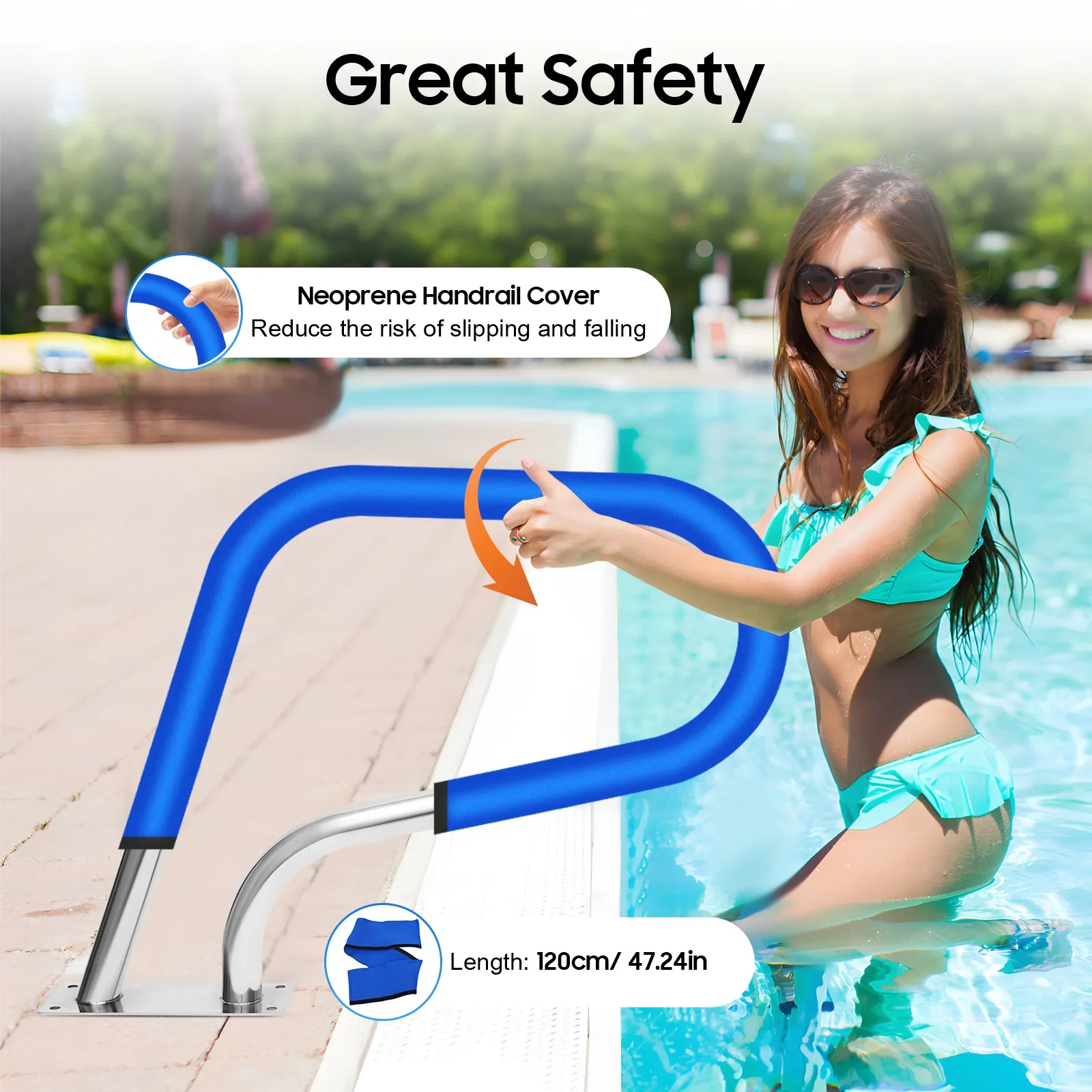 Stainless Steel Pool Rail 264LBS Load Capacity Swimming Pool Handrail with Blue Grip Cover Chic Pool Railing Grab Bars