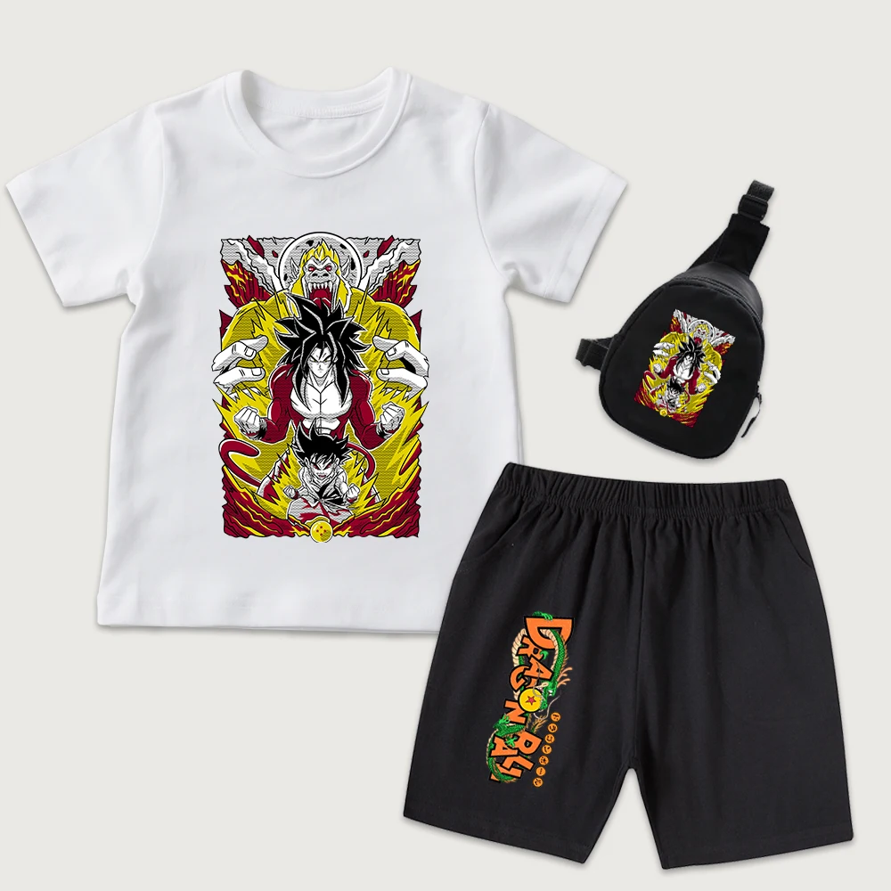 Dbz Goku SSJ4 Anime Print Boys Girls Kids Cotton T Shirt Shorts Set Mini Chest Bag 3 Pieces Set Casual Summer Outfit