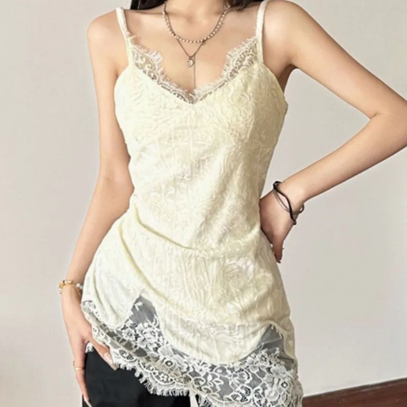 

Y2k Tops Women Tank Top Sexy Spaghetti Straps Patchwork Lace V-neck Pleated Design Fashion Asymmetrical Sleeveless Camis Tees