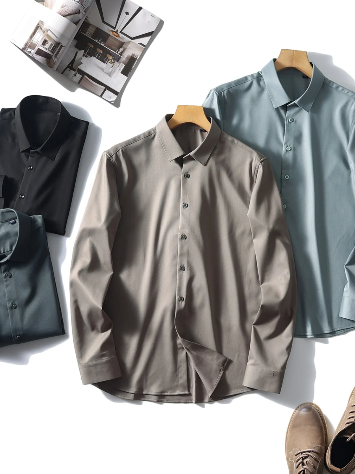 

Мужская рубашка с длинным рукавом, немнущаяся, не требующая глажки, гладкая, модная, в городском стиле, молодежная, повседневная, для поездок на работу, деловая рубашка